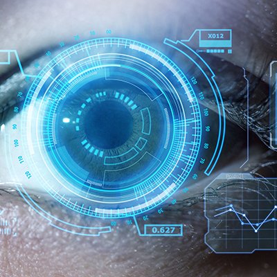 Human eye with computer screening image on top of it